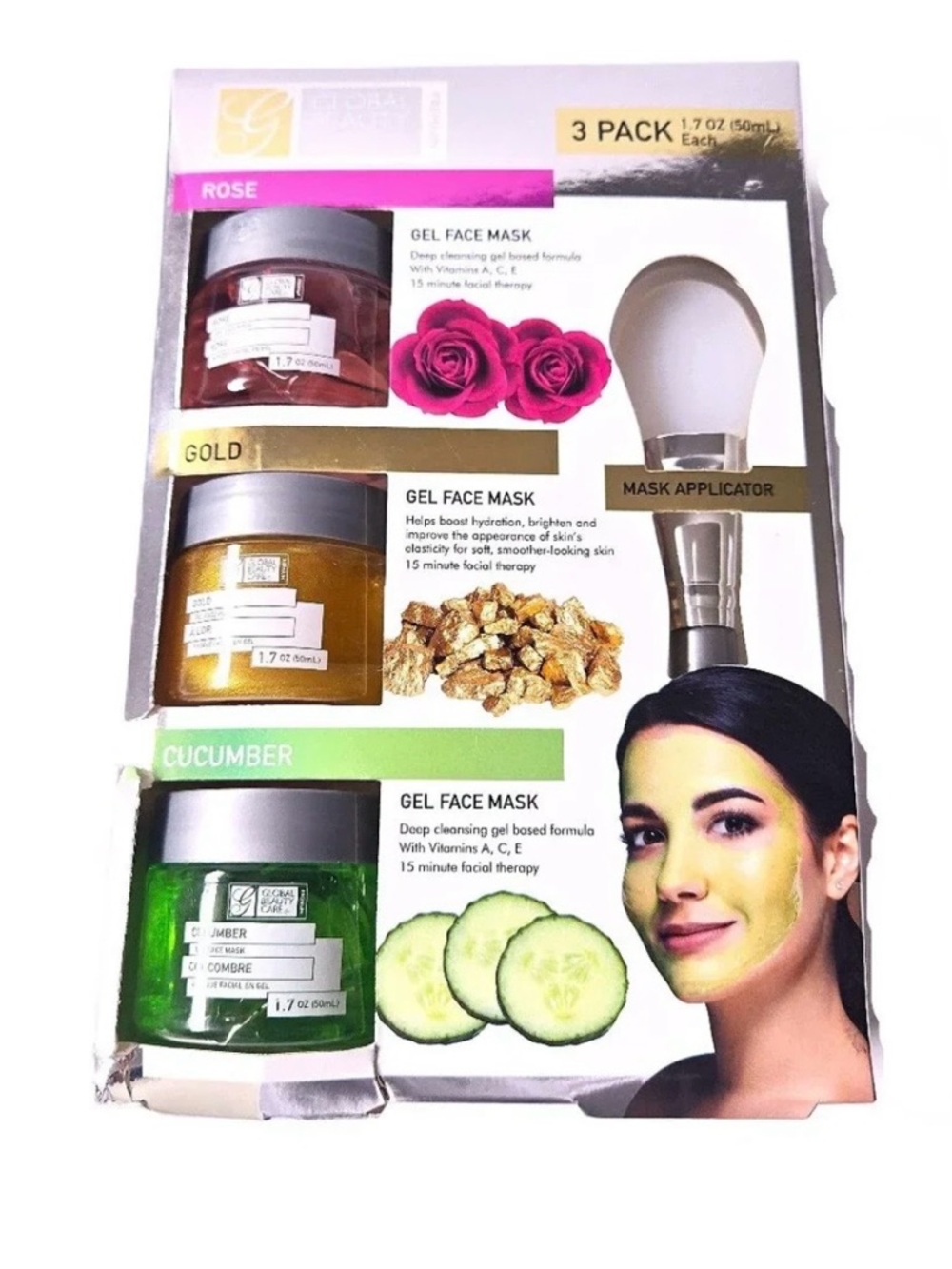 3-Pack Women Gel Face Mask Set - Rose Pink, Gold, Green Cucumber with Applicator